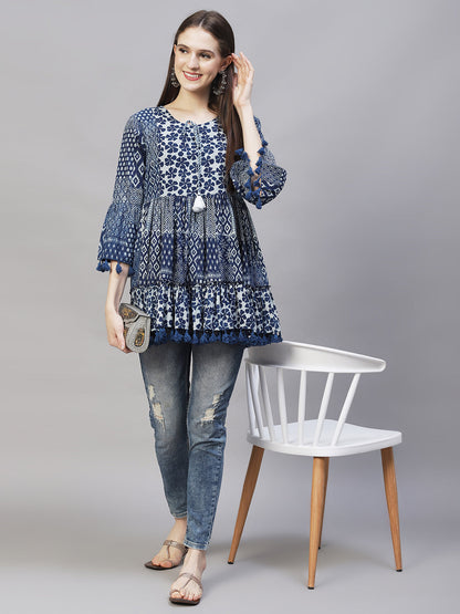 Ethnic Printed Peplum Flare Kurti - Indigo Blue
