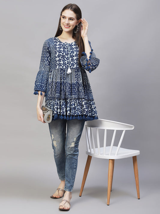 Ethnic Printed Peplum Flare Kurti - Indigo Blue