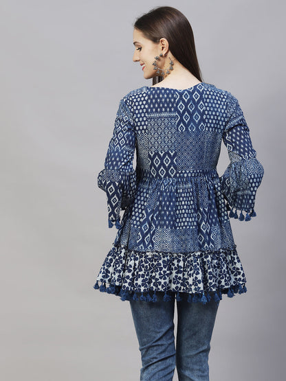 Ethnic Printed Peplum Flare Kurti - Indigo Blue