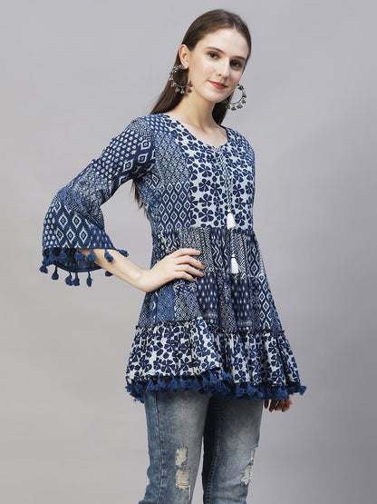 Ethnic Printed Peplum Flare Kurti - Indigo Blue