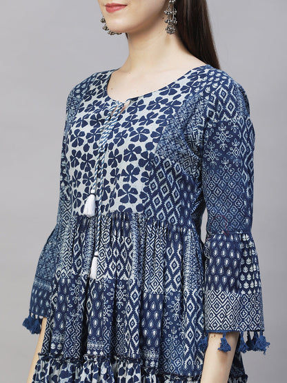 Ethnic Printed Peplum Flare Kurti - Indigo Blue