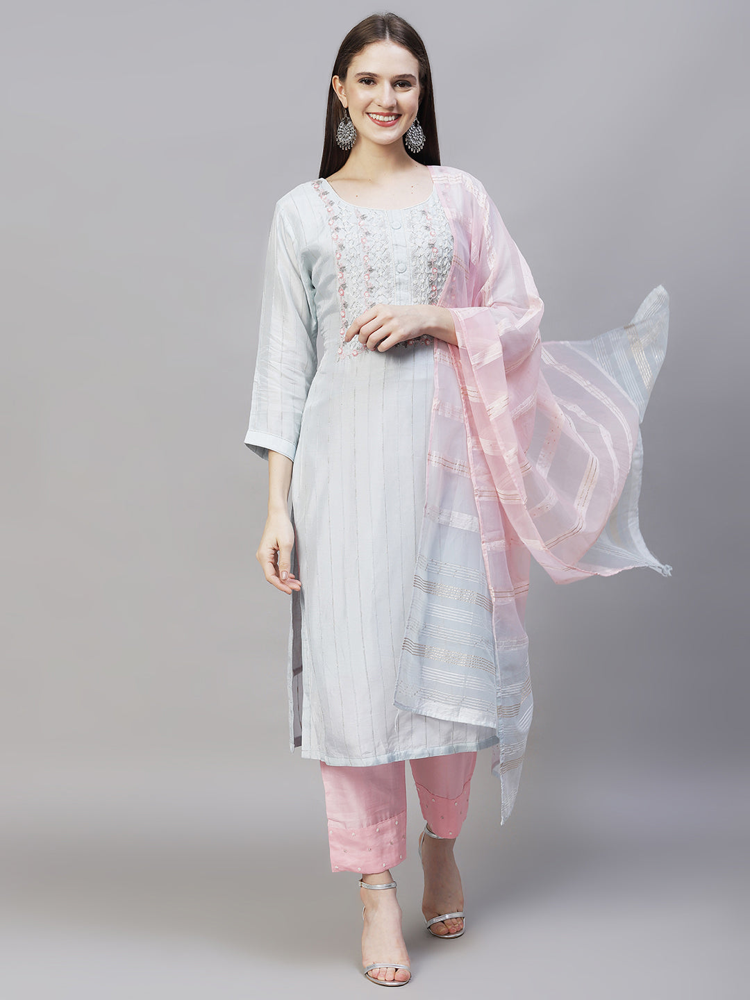 Ethnic Hand Embroidered Kurta with Pants & Dupatta - Powder Blue