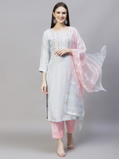 Ethnic Hand Embroidered Kurta with Pants & Dupatta - Powder Blue