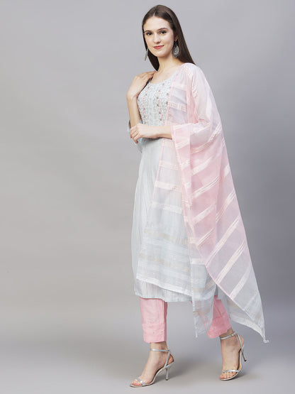 Ethnic Hand Embroidered Kurta with Pants & Dupatta - Powder Blue