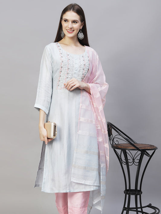 Ethnic Hand Embroidered Kurta with Pants & Dupatta - Powder Blue