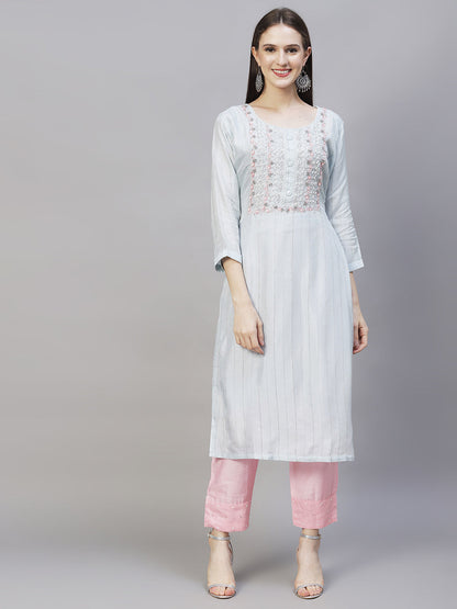 Ethnic Hand Embroidered Kurta with Pants & Dupatta - Powder Blue