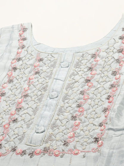 Ethnic Hand Embroidered Kurta with Pants & Dupatta - Powder Blue