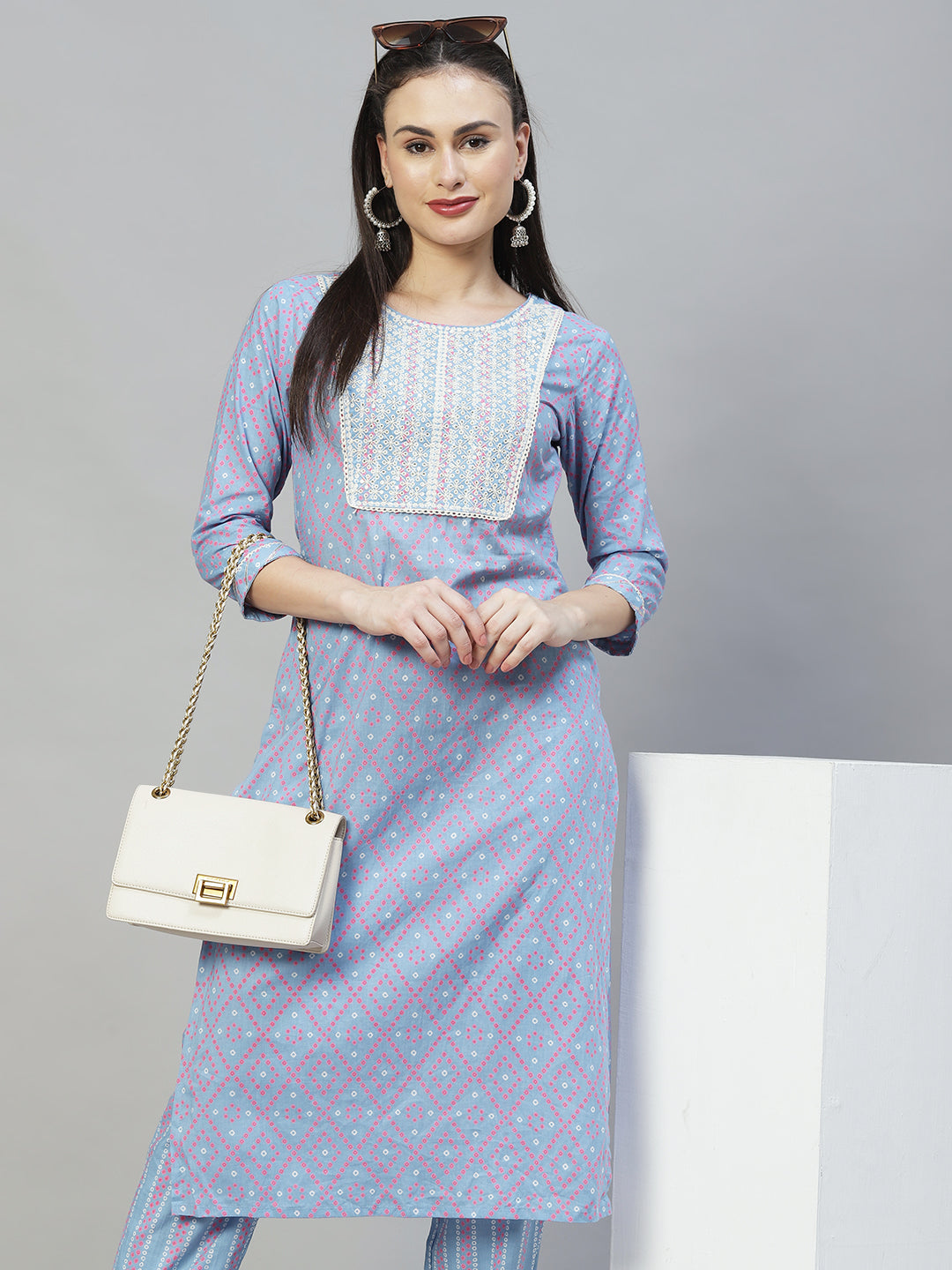 Bandhani Printed & Embroidered Straight Kurta with Pants - Light Blue