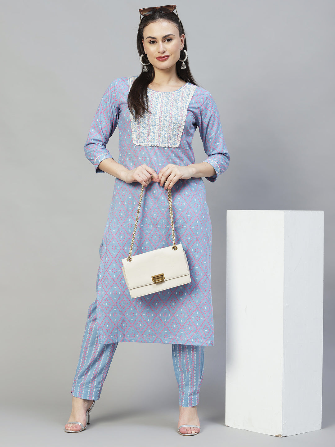 Bandhani Printed & Embroidered Straight Kurta with Pants - Light Blue