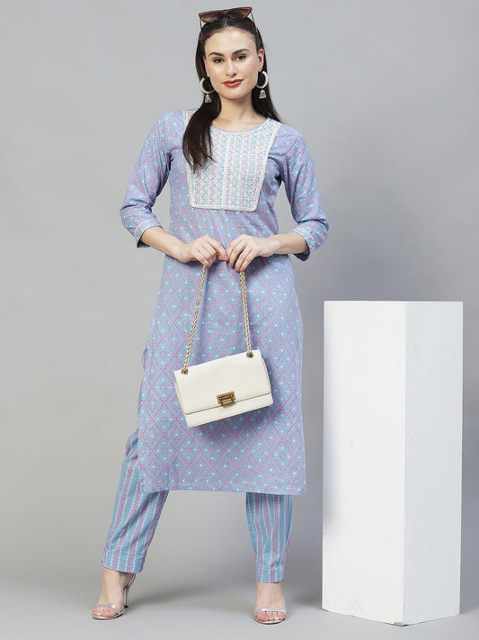 Bandhani Printed & Embroidered Straight Kurta with Pants - Light Blue