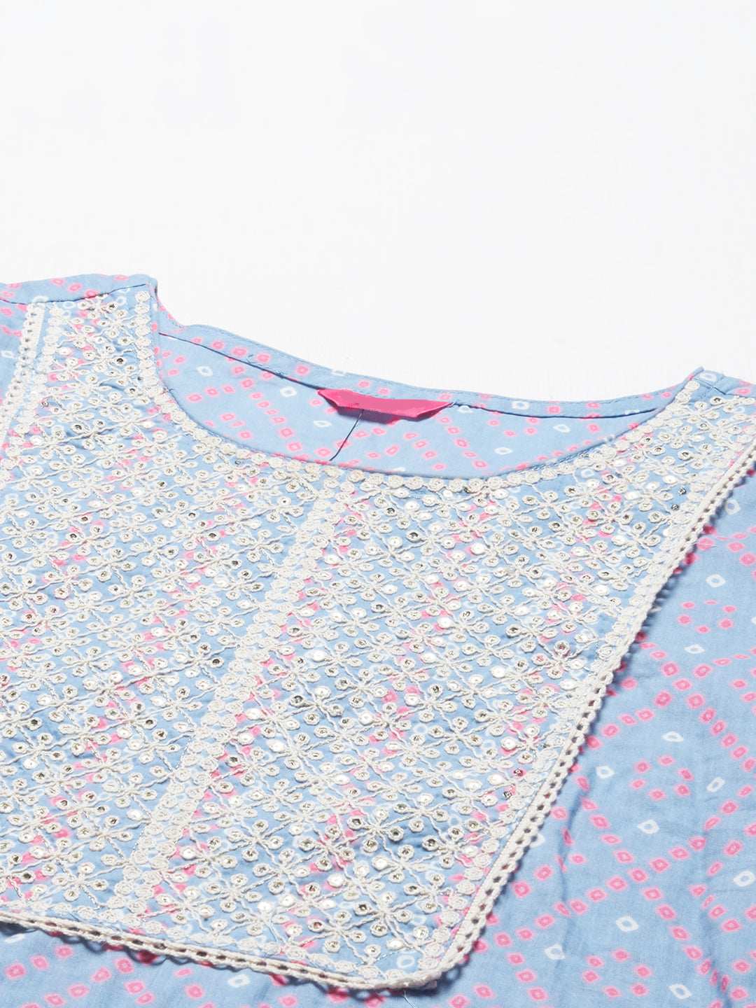 Bandhani Printed & Embroidered Straight Kurta with Pants - Light Blue
