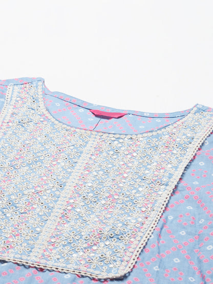 Bandhani Printed & Embroidered Straight Kurta with Pants - Light Blue