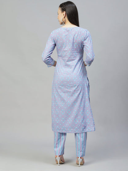 Bandhani Printed & Embroidered Straight Kurta with Pants - Light Blue