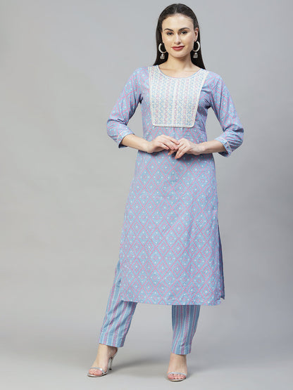 Bandhani Printed & Embroidered Straight Kurta with Pants - Light Blue
