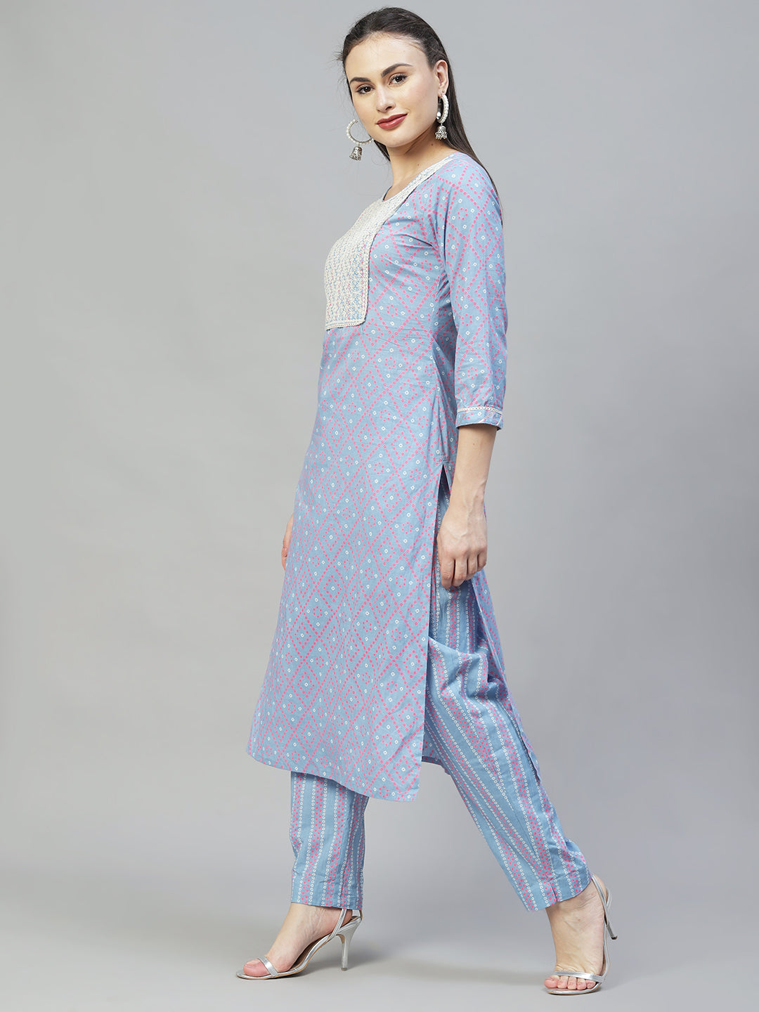 Bandhani Printed & Embroidered Straight Kurta with Pants - Light Blue