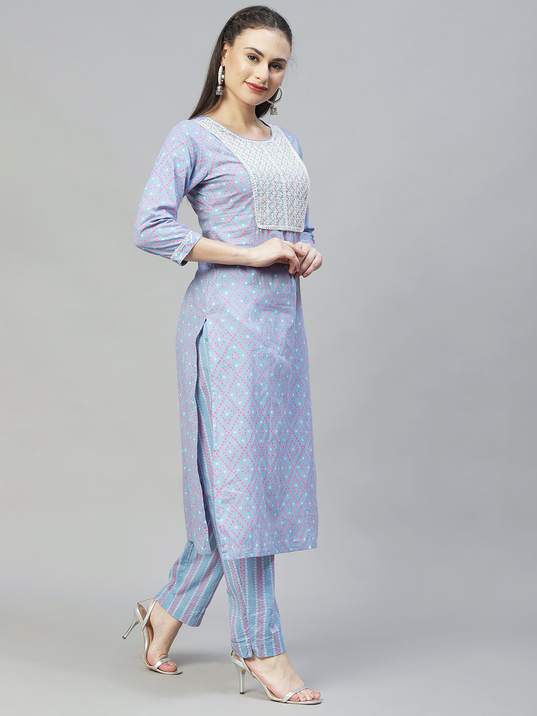 Bandhani Printed & Embroidered Straight Kurta with Pants - Light Blue