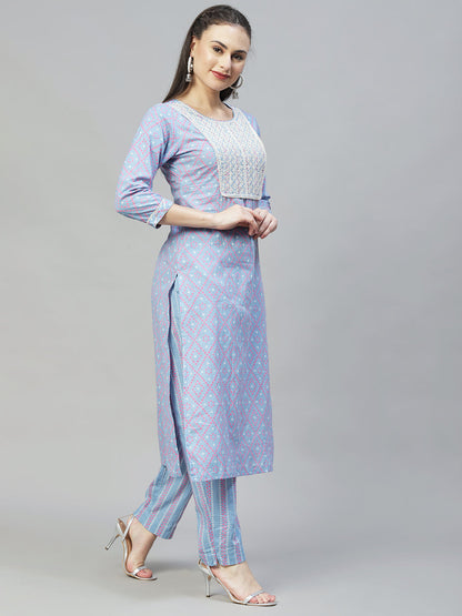 Bandhani Printed & Embroidered Straight Kurta with Pants - Light Blue