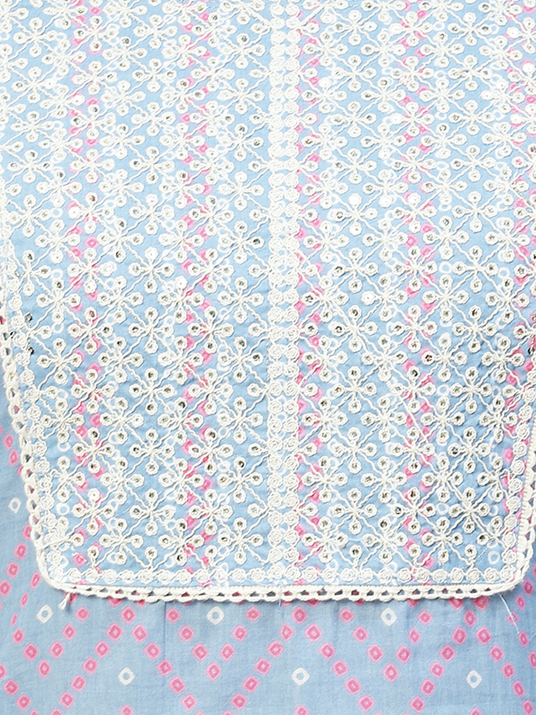 Bandhani Printed & Embroidered Straight Kurta with Pants - Light Blue