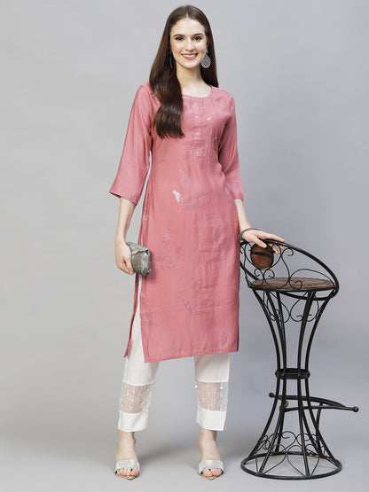 Floral Embroidered Straight Fit Kurta - Pink