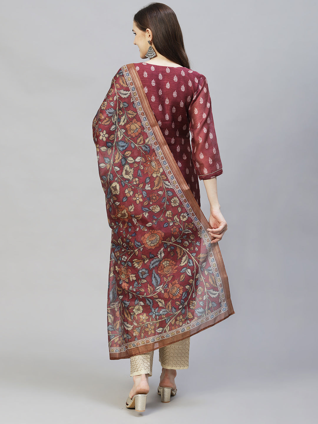 Ethnic Printed & Embroidered Straight Kurta with Dupatta - Burgundy