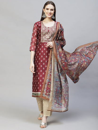 Ethnic Printed & Embroidered Straight Kurta with Dupatta - Burgundy
