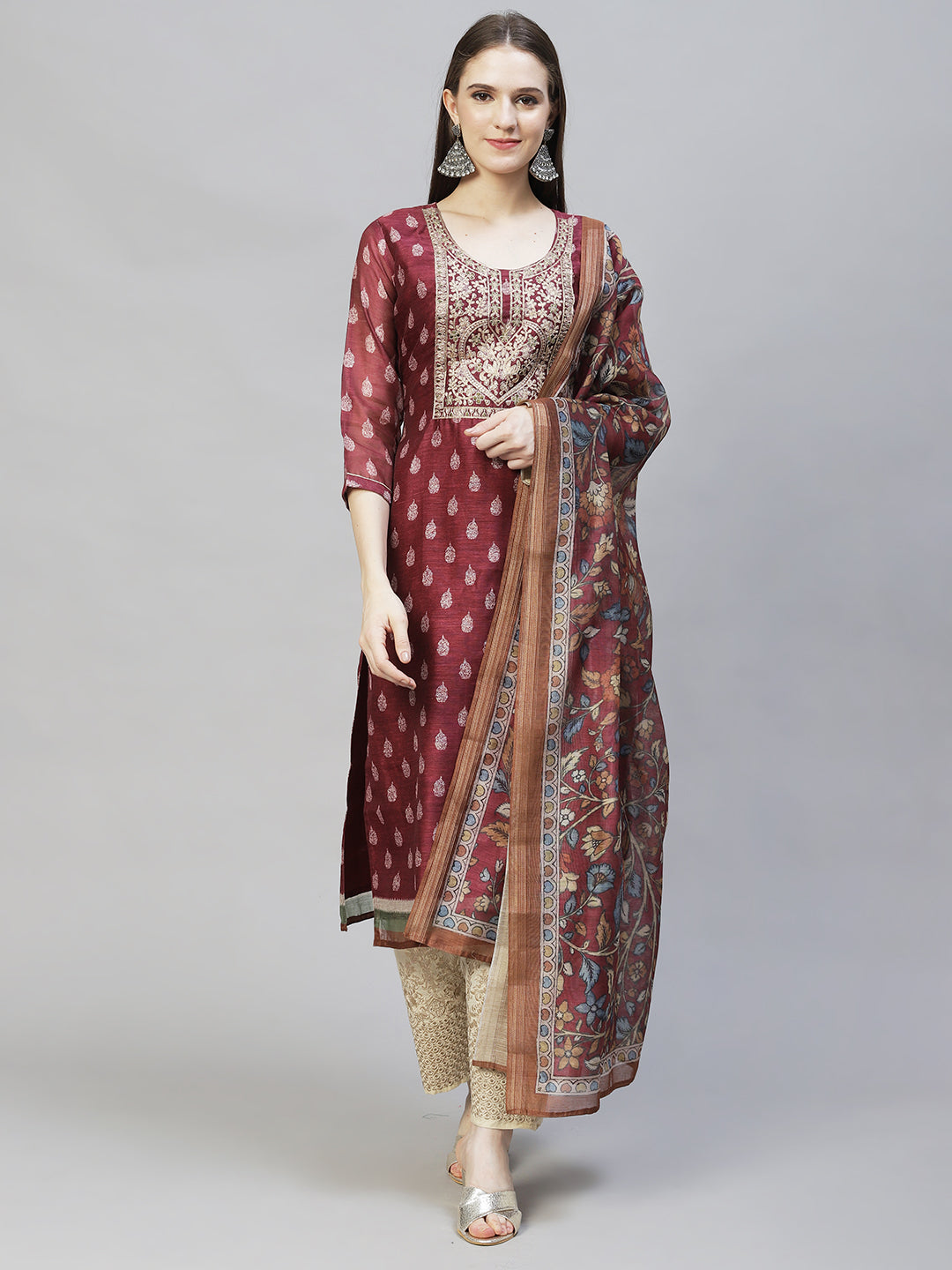Ethnic Printed & Embroidered Straight Kurta with Dupatta - Burgundy