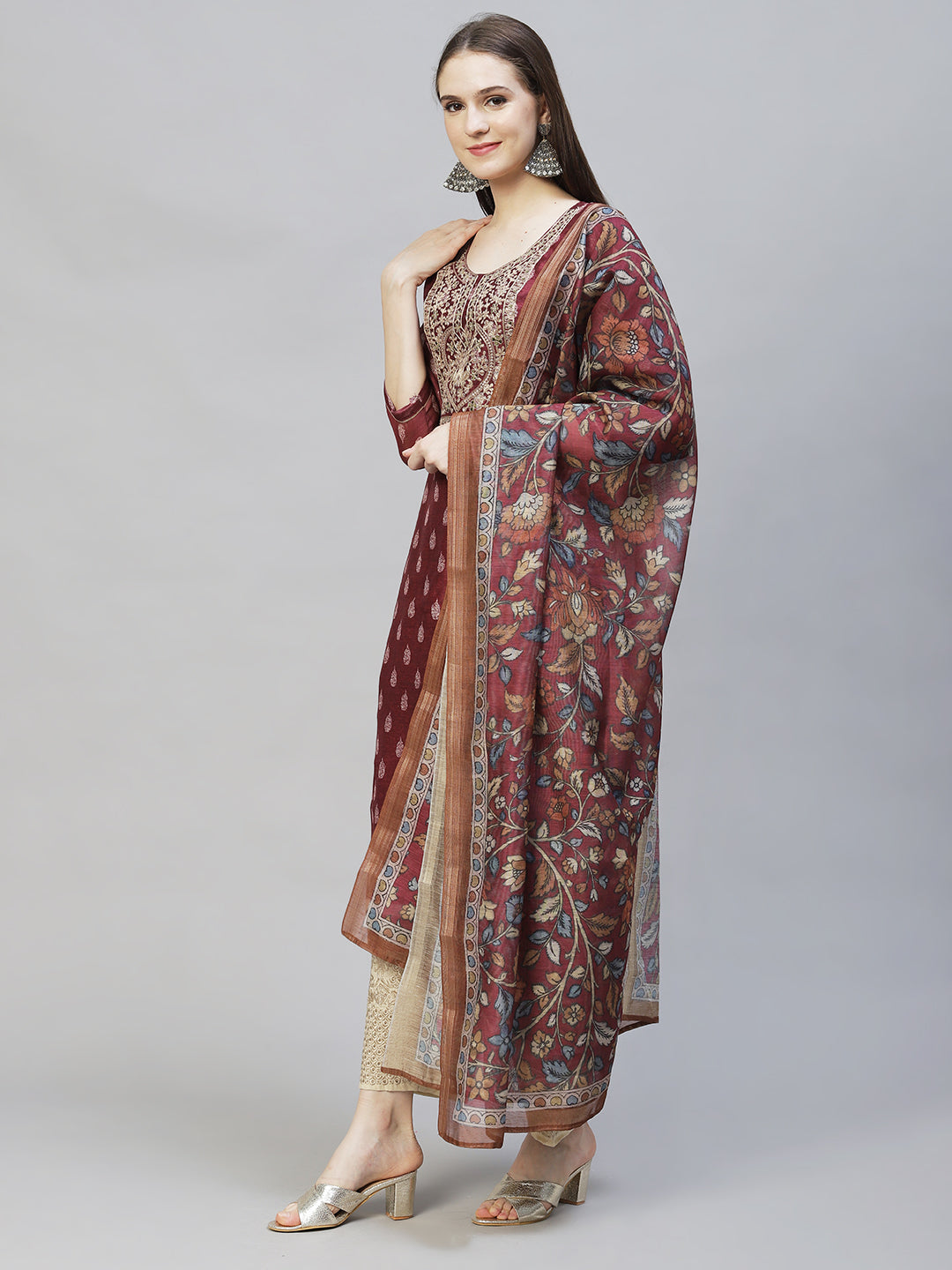 Ethnic Printed & Embroidered Straight Kurta with Dupatta - Burgundy