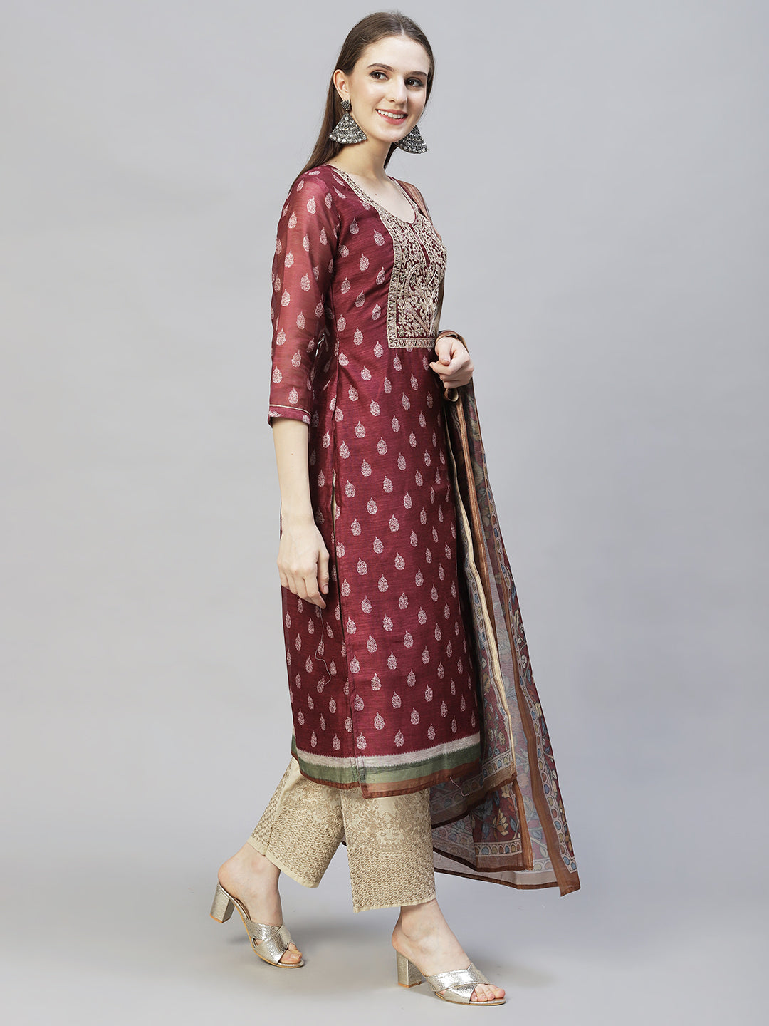 Ethnic Printed & Embroidered Straight Kurta with Dupatta - Burgundy