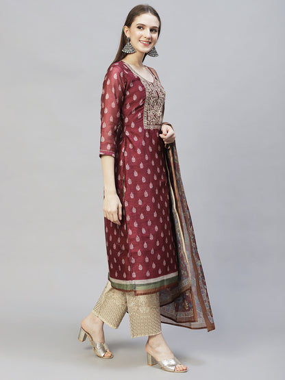 Ethnic Printed & Embroidered Straight Kurta with Dupatta - Burgundy