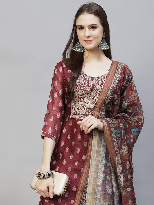 Ethnic Printed & Embroidered Straight Kurta with Dupatta - Burgundy