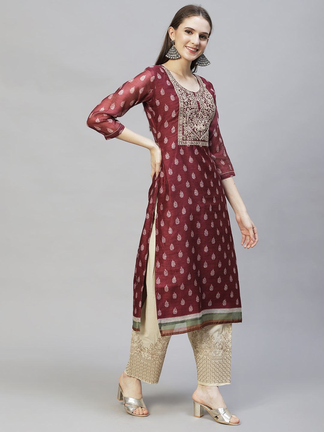 Ethnic Printed & Embroidered Straight Kurta with Dupatta - Burgundy