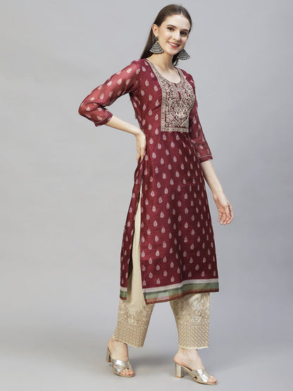 Ethnic Printed & Embroidered Straight Kurta with Dupatta - Burgundy