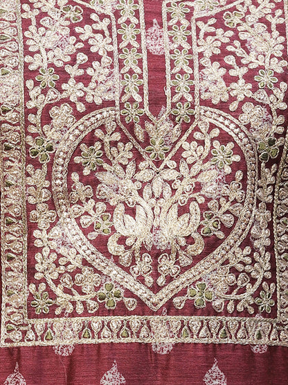 Ethnic Printed & Embroidered Straight Kurta with Dupatta - Burgundy