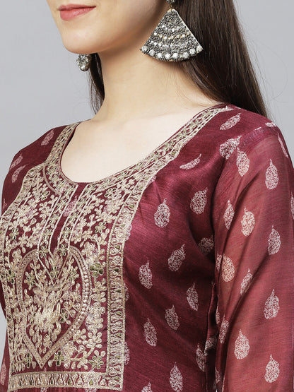 Ethnic Printed & Embroidered Straight Kurta with Dupatta - Burgundy