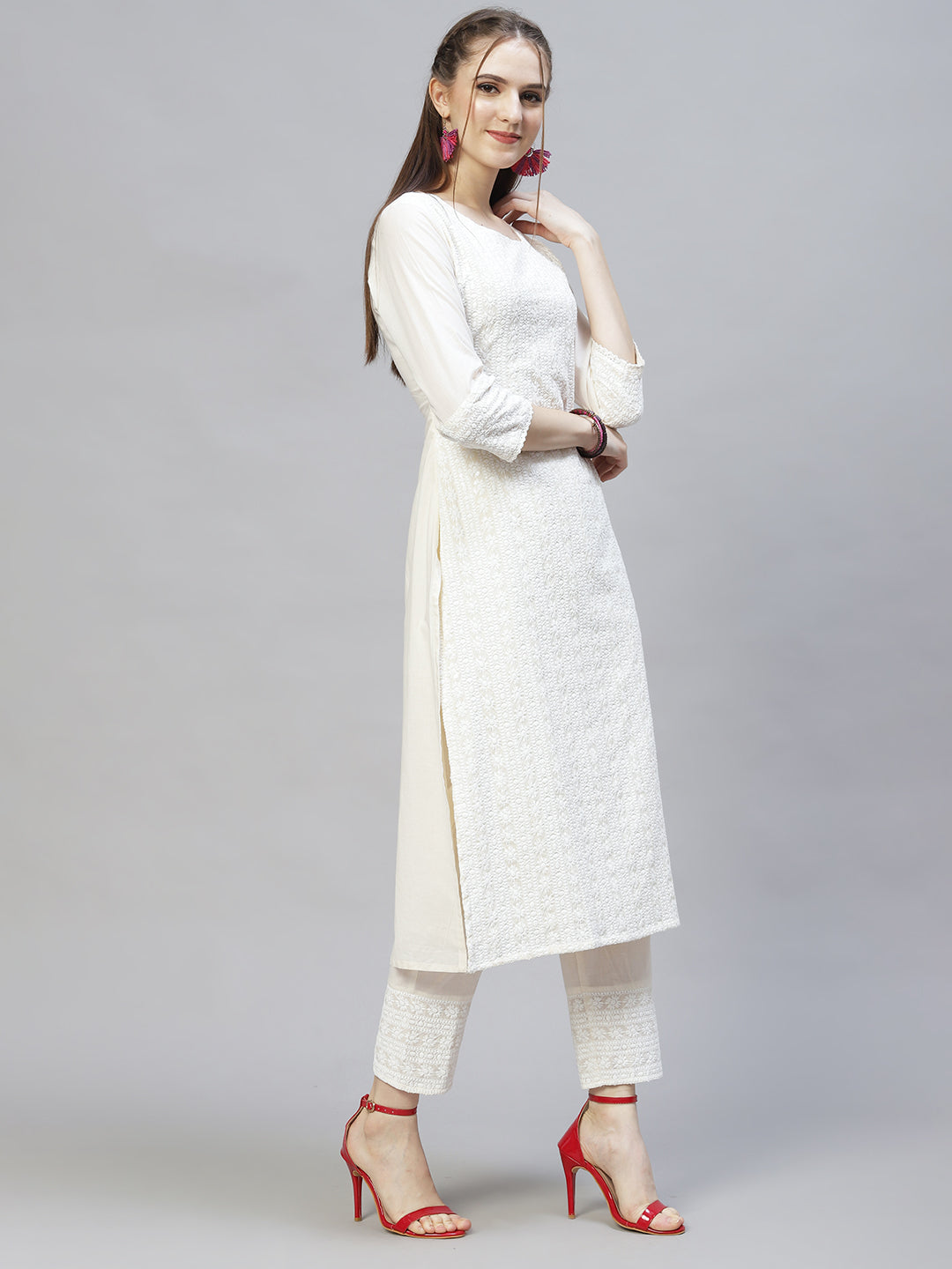 Ethnic Chikankari Embroidered Straight Kurta with Pants & Dupatta - Off White