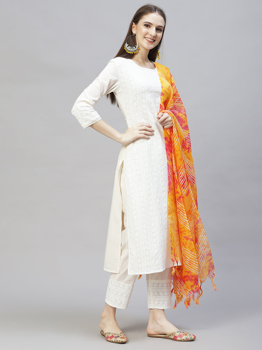 Ethnic Chikankari Embroidered Straight Kurta with Pants & Dupatta - Off White