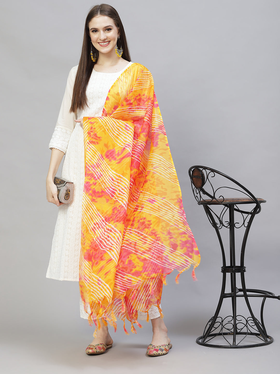 Ethnic Chikankari Embroidered Straight Kurta with Pants & Dupatta - Off White