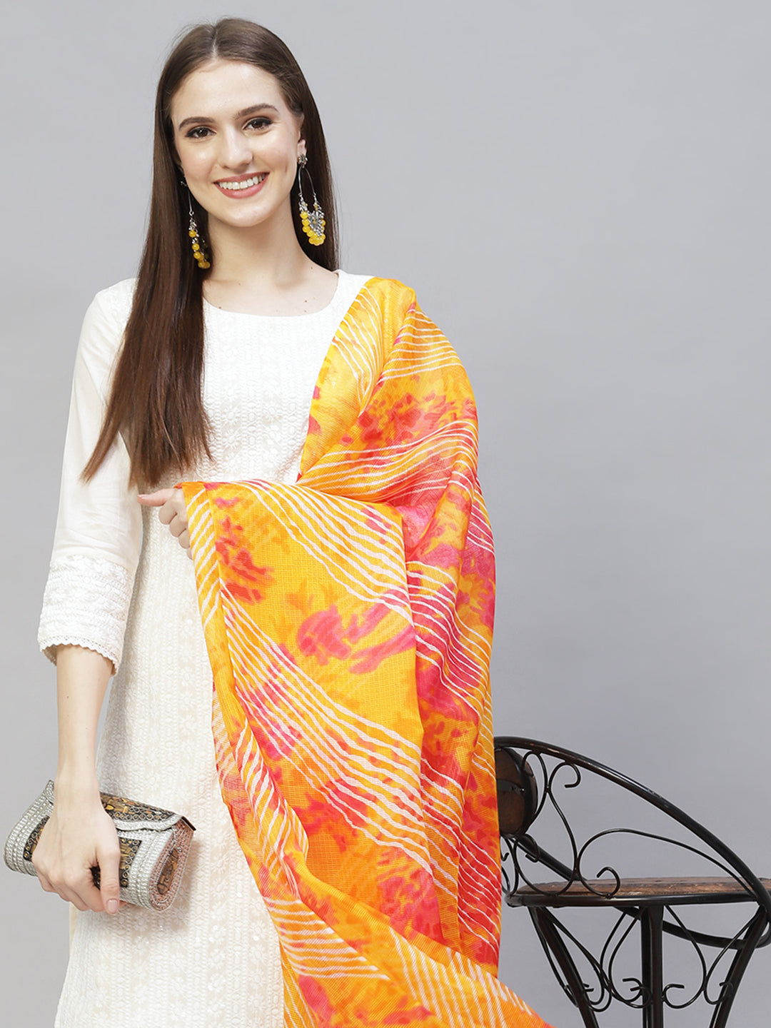 Ethnic Chikankari Embroidered Straight Kurta with Pants & Dupatta - Off White