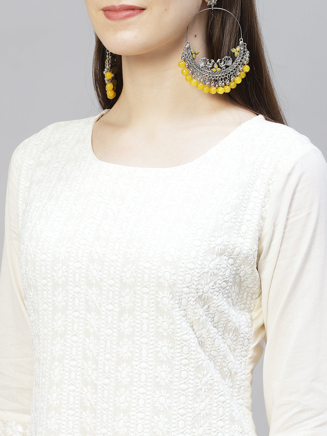 Ethnic Chikankari Embroidered Straight Kurta with Pants & Dupatta - Off White