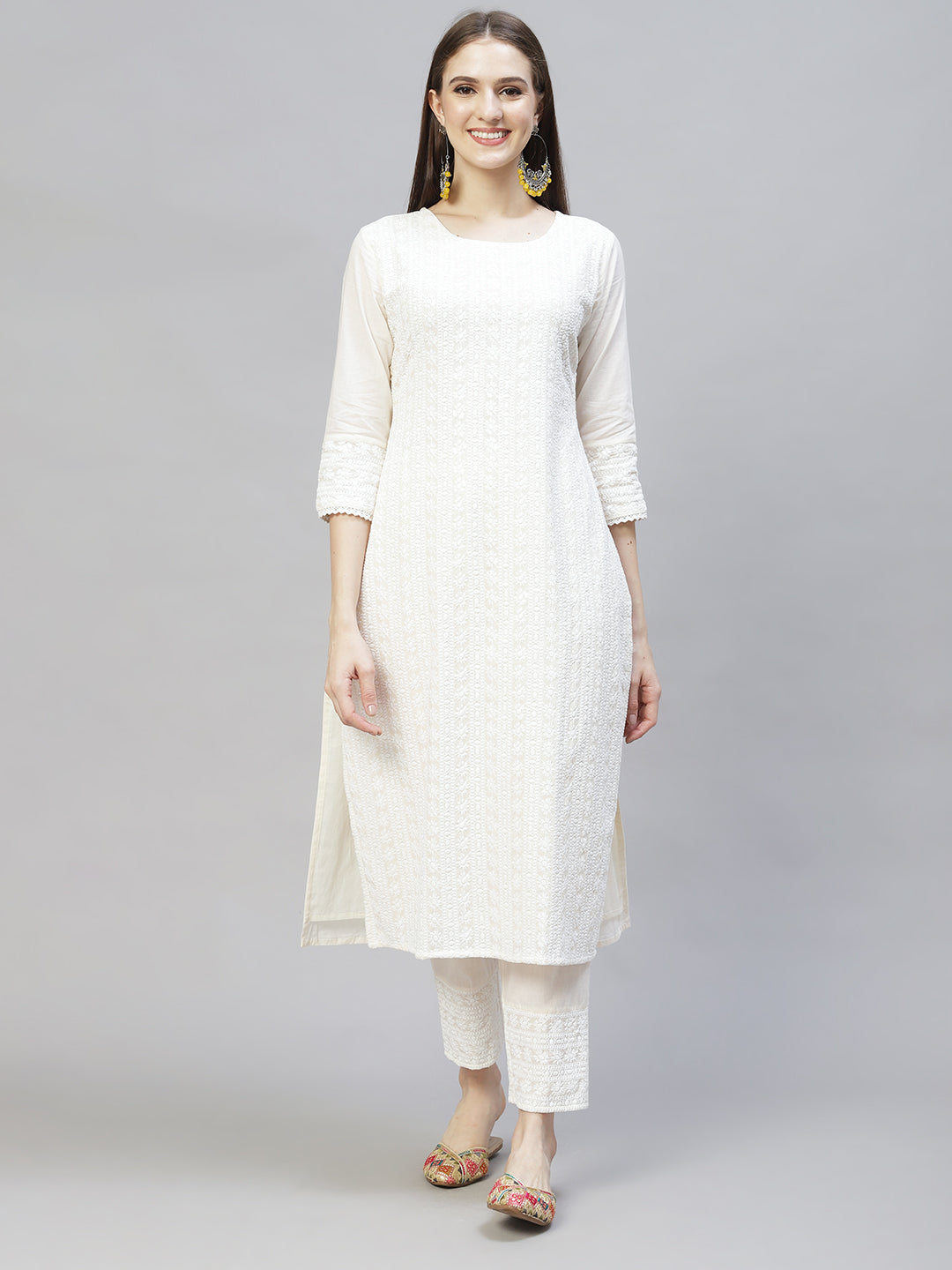 Ethnic Chikankari Embroidered Straight Kurta with Pants & Dupatta - Off White