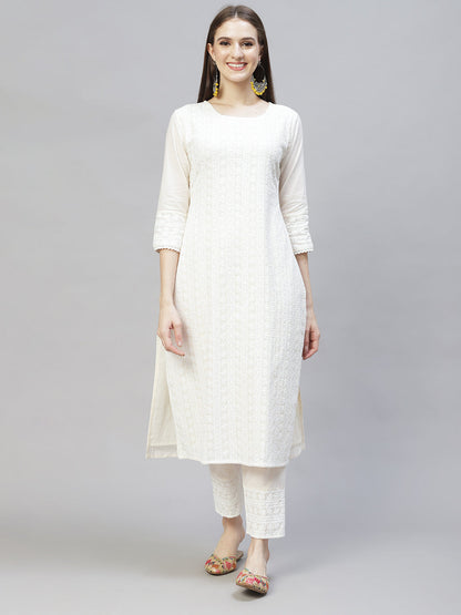 Ethnic Chikankari Embroidered Straight Kurta with Pants & Dupatta - Off White