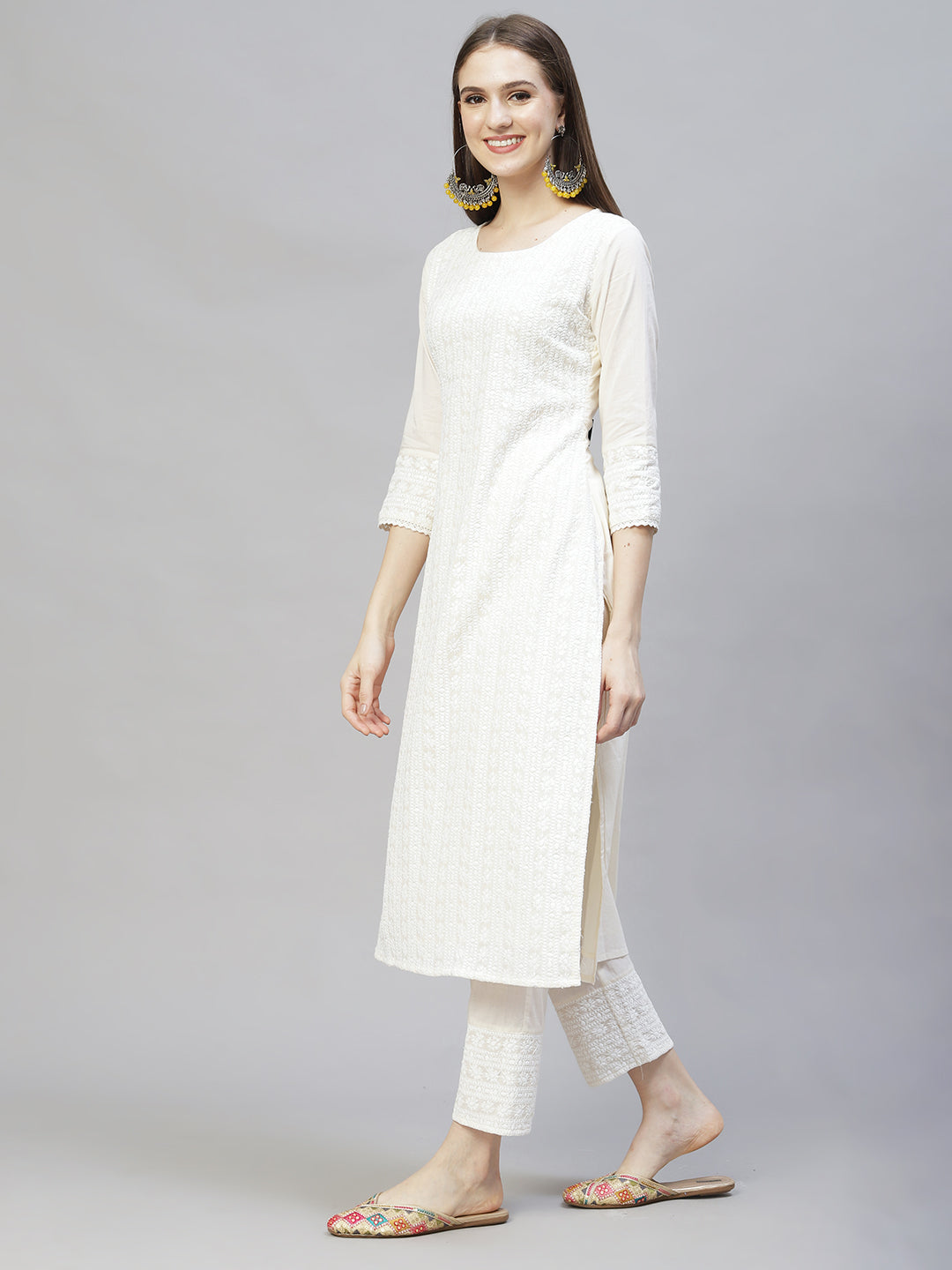 Ethnic Chikankari Embroidered Straight Kurta with Pants & Dupatta - Off White