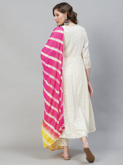 Ethnic Woven Anarkali Kurta with Pants & Dupatta - Off White