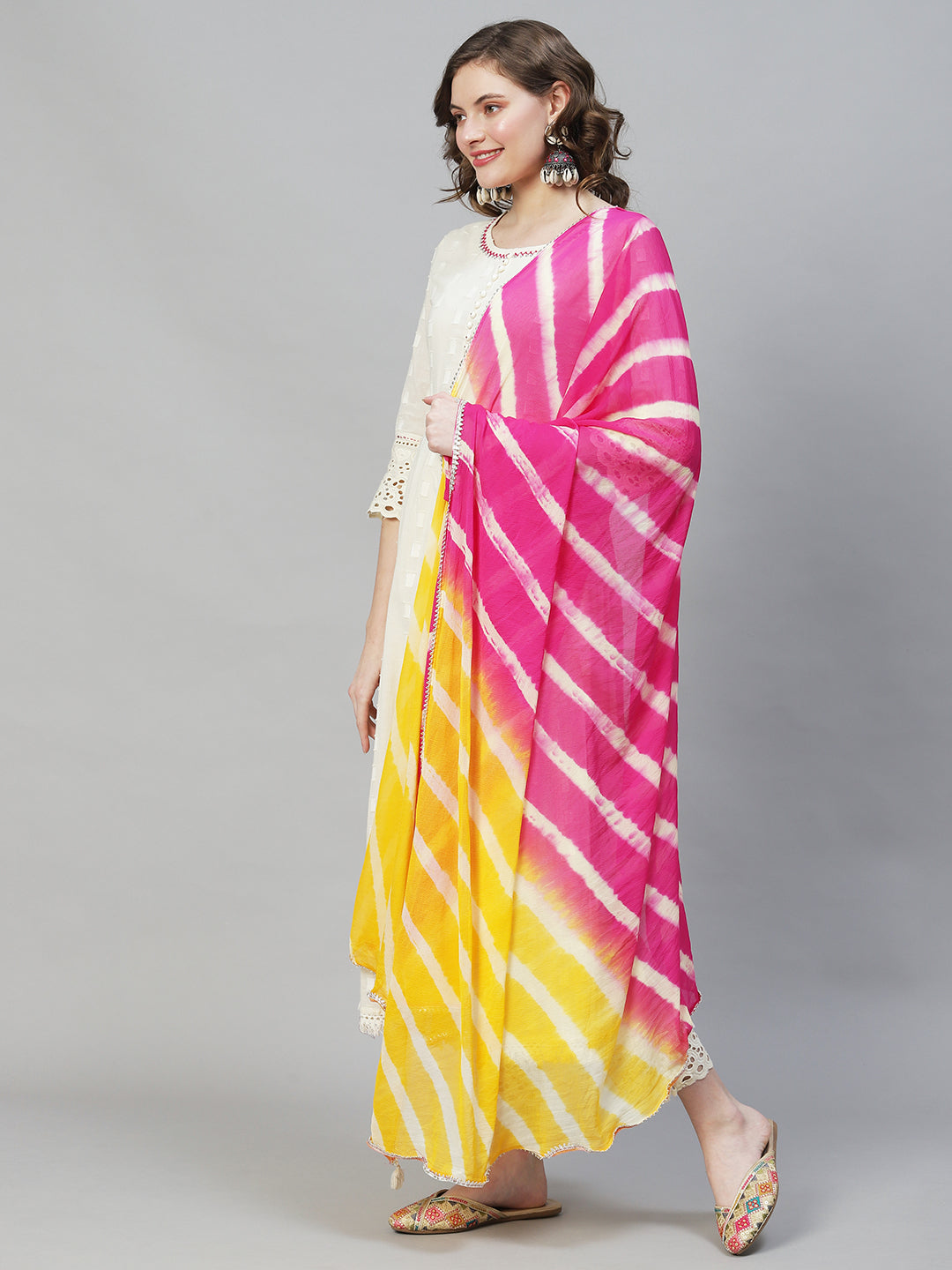 Ethnic Woven Anarkali Kurta with Pants & Dupatta - Off White