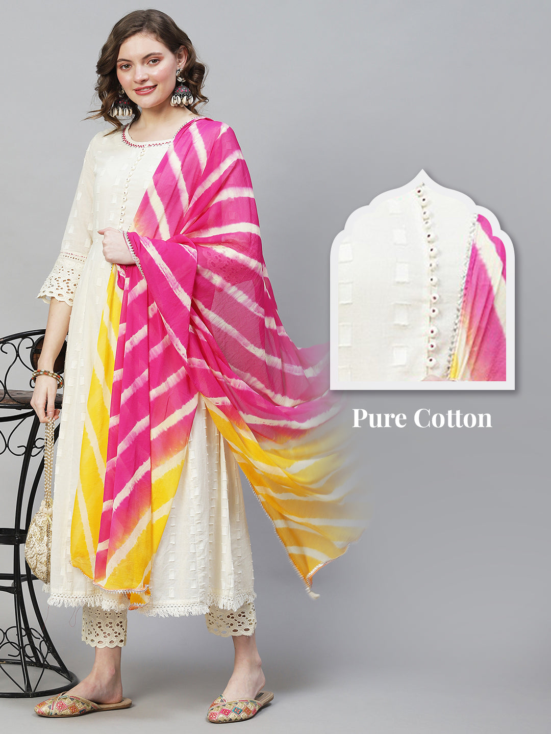 Ethnic Woven Anarkali Kurta with Pants & Dupatta - Off White