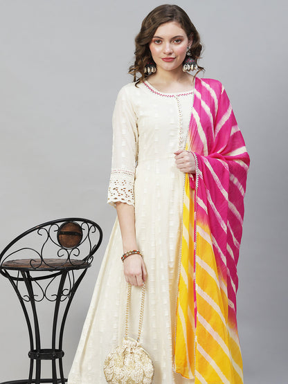 Ethnic Woven Anarkali Kurta with Pants & Dupatta - Off White