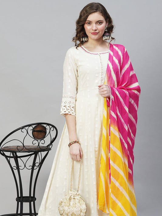 Ethnic Woven Anarkali Kurta with Pants & Dupatta - Off White