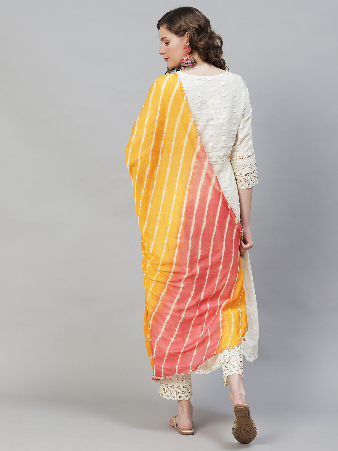 Ethnic Woven Anarkali Kurta with Pants & Dupatta - Off White