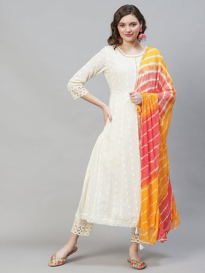 Ethnic Woven Anarkali Kurta with Pants & Dupatta - Off White