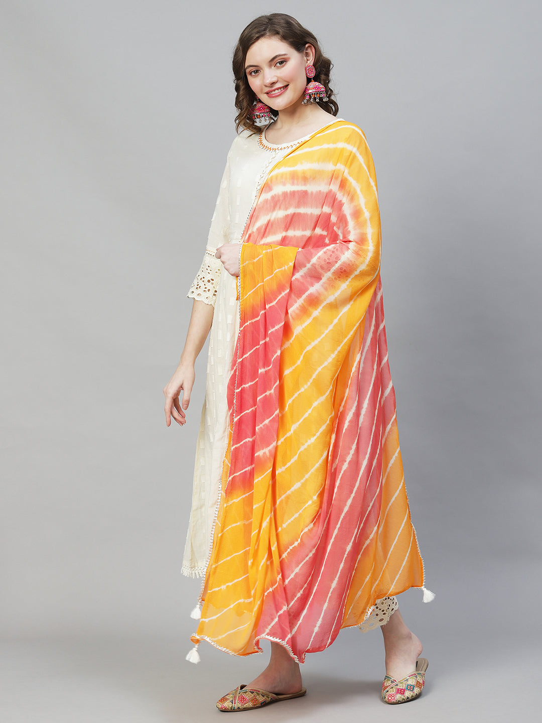 Ethnic Woven Anarkali Kurta with Pants & Dupatta - Off White
